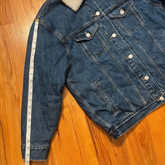 GAP Denim Sherpa Icon Jean Jacket Oversized XSP Trucker Warm Jean $118 retail - Picture 10 of 11